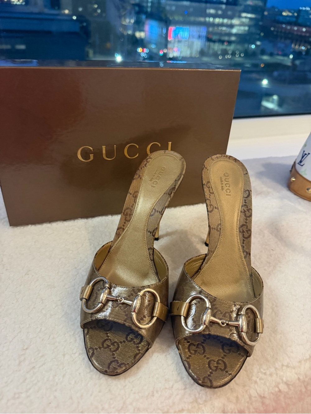 Gucci Metallic Brown Monogram Horsebit Slide Mules